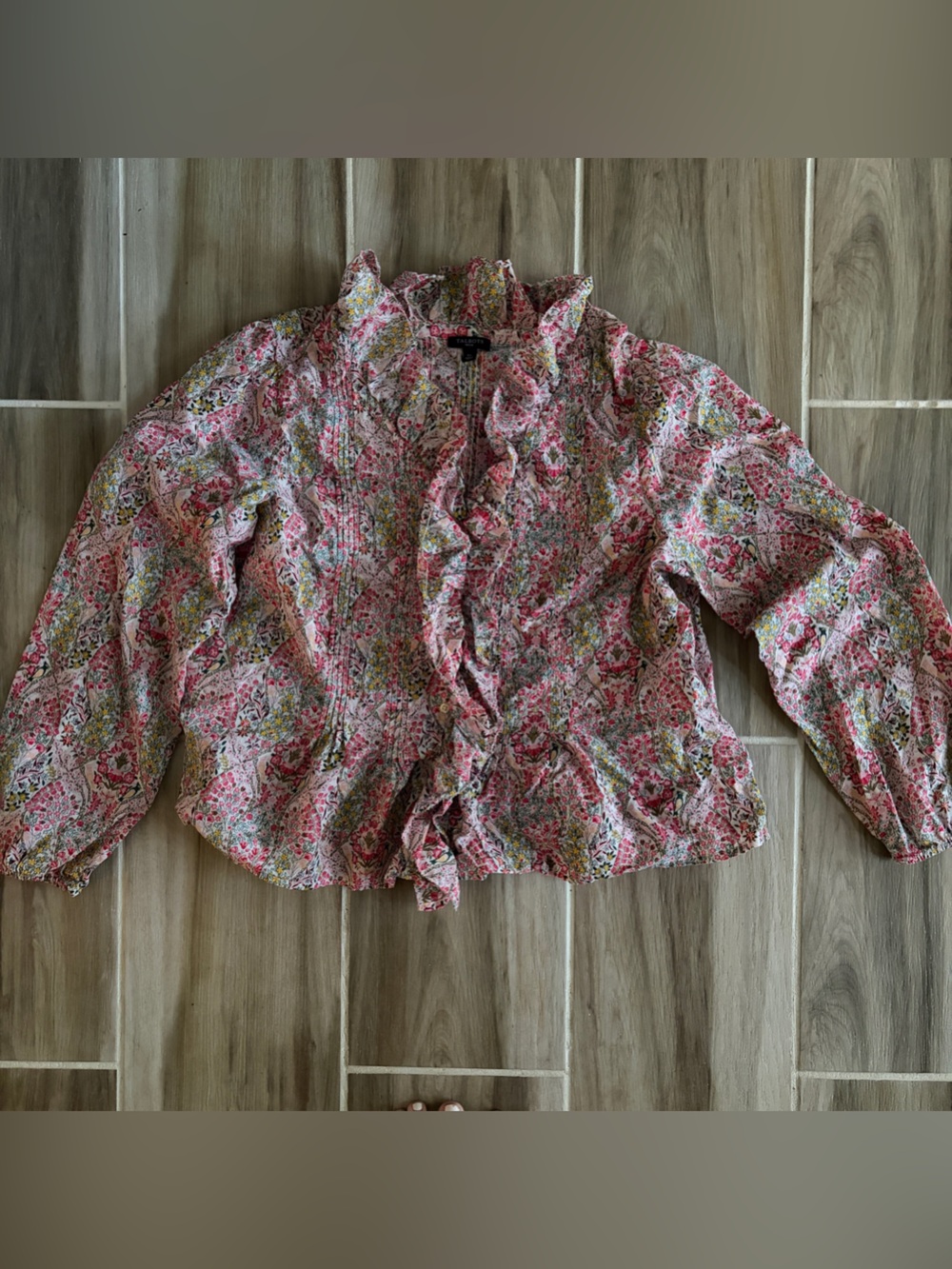 Talbots | Pintuck Ruffle V-Neck Blouse - Pink Branching Floral | Women’s LP - Picture 3 of 11
